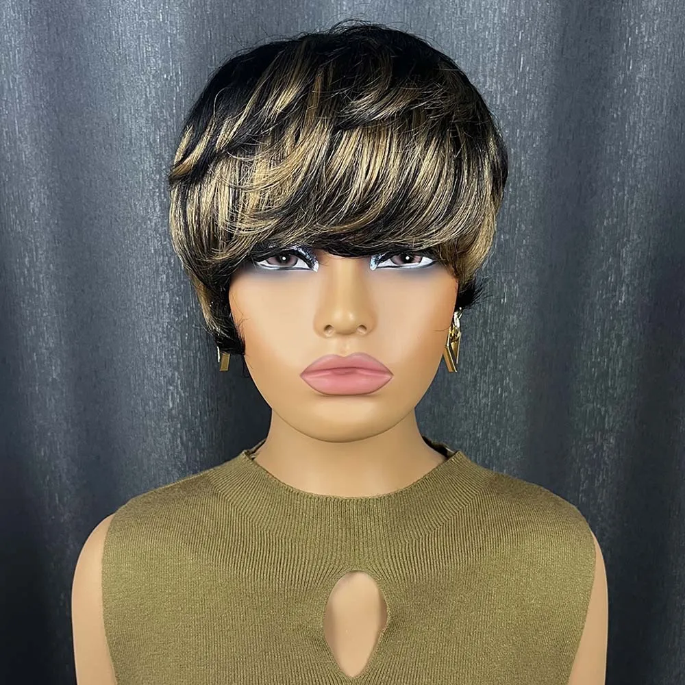 باروكة شعر قصيرة بقص عابث للنساء ذوات البشرة السمراء، لون أسود وأشقر، طبقات كاملة مصنوعة آليًا، شعر مستعار قصير مع غرة