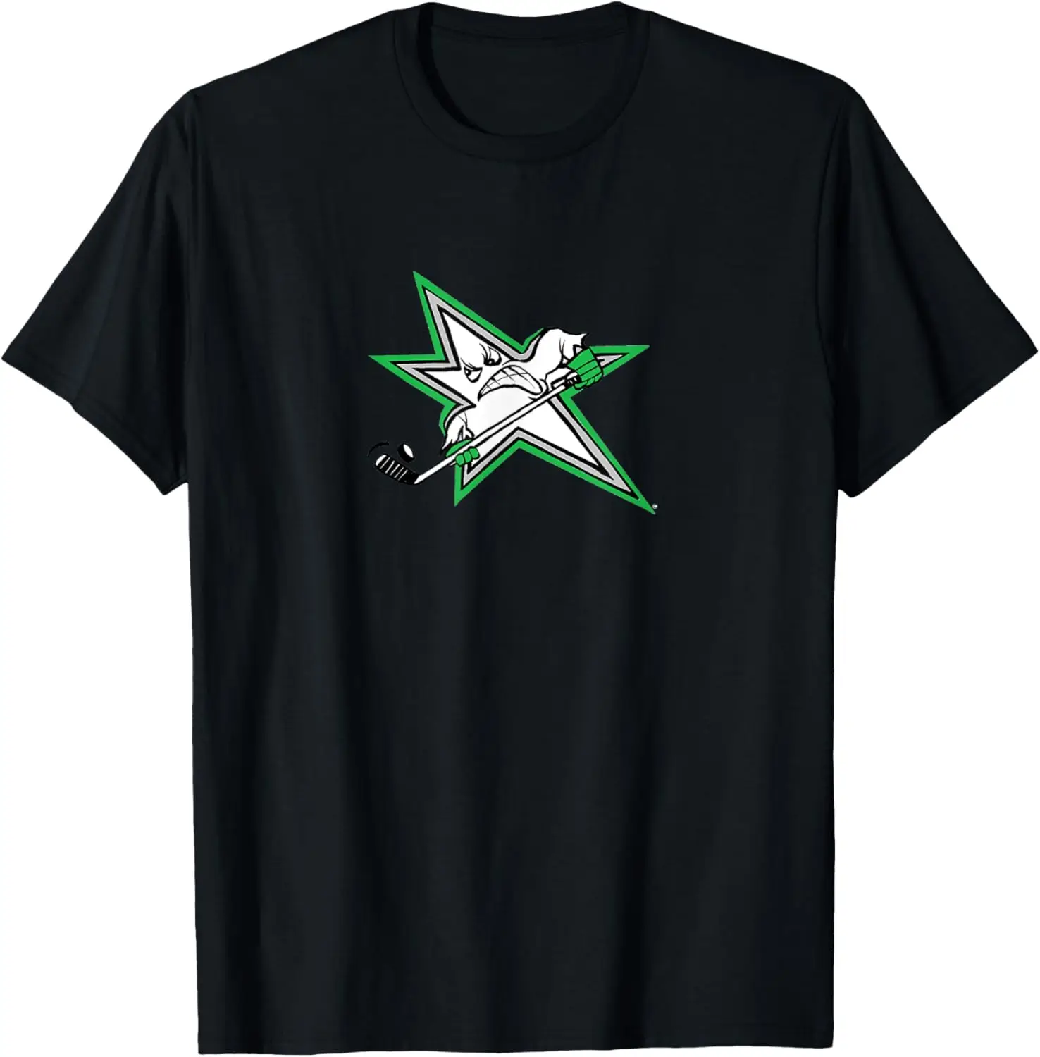 T-shirt con logo dei cartoni animati con design del giocatore di hockey Lone Stars