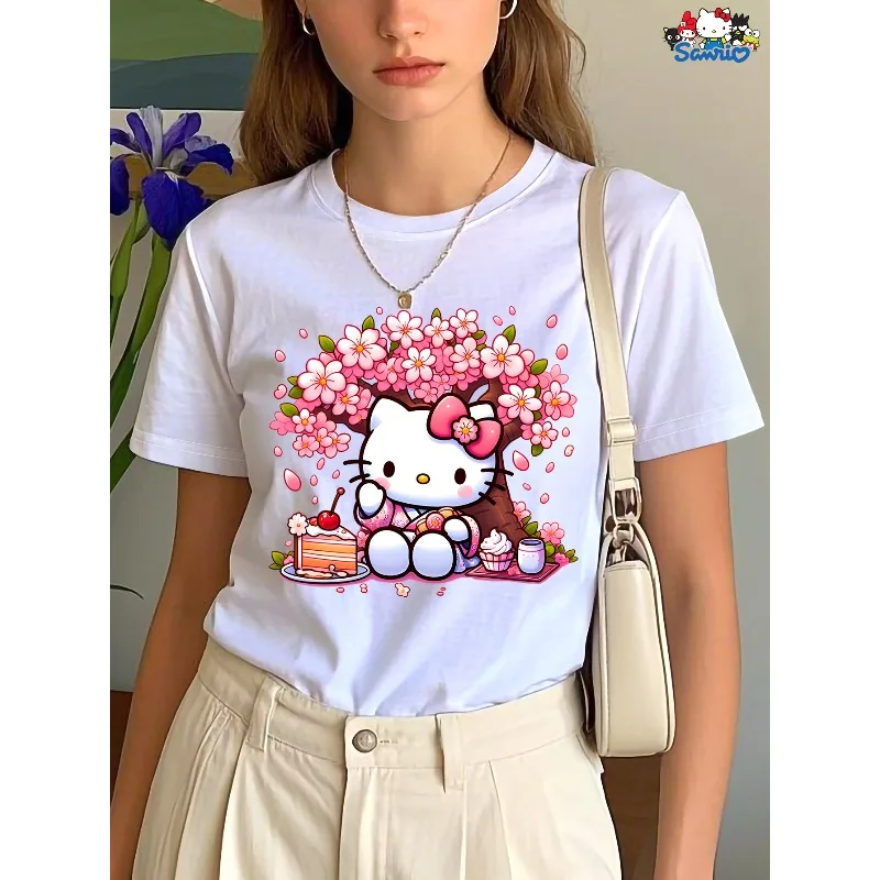 

Sanrio Hello Kitty, женский топ с короткими рукавами и принтом сакуры для пикника, розовая футболка с рисунком аниме, всесезонная модная женская одежда