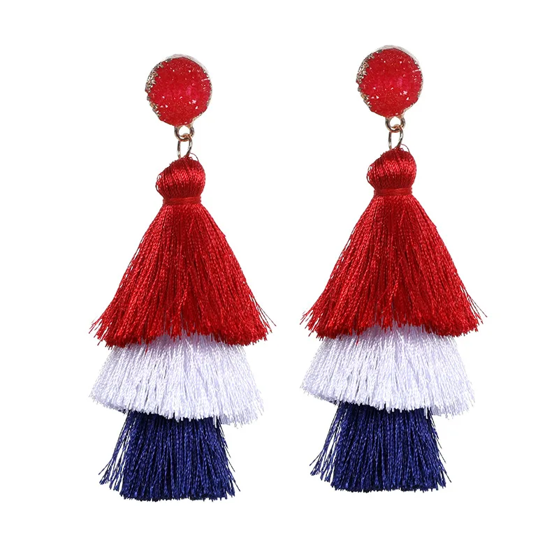 HOCOLE Bohemian Crystal Tassel Earrings Black White Blue Red Pink Silk Fabric Long Drop Dangle Tassel Earrings For Women Jewelry