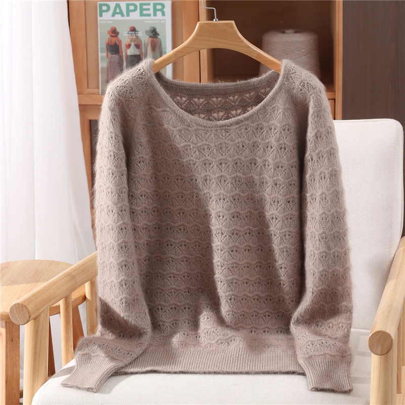 Hollow Out Chic O-Neck Sweater Women's Pullovers Basic Soft Warm 100% Mink Cashmere Pure Color Casual Loose Autumn Winter Tops