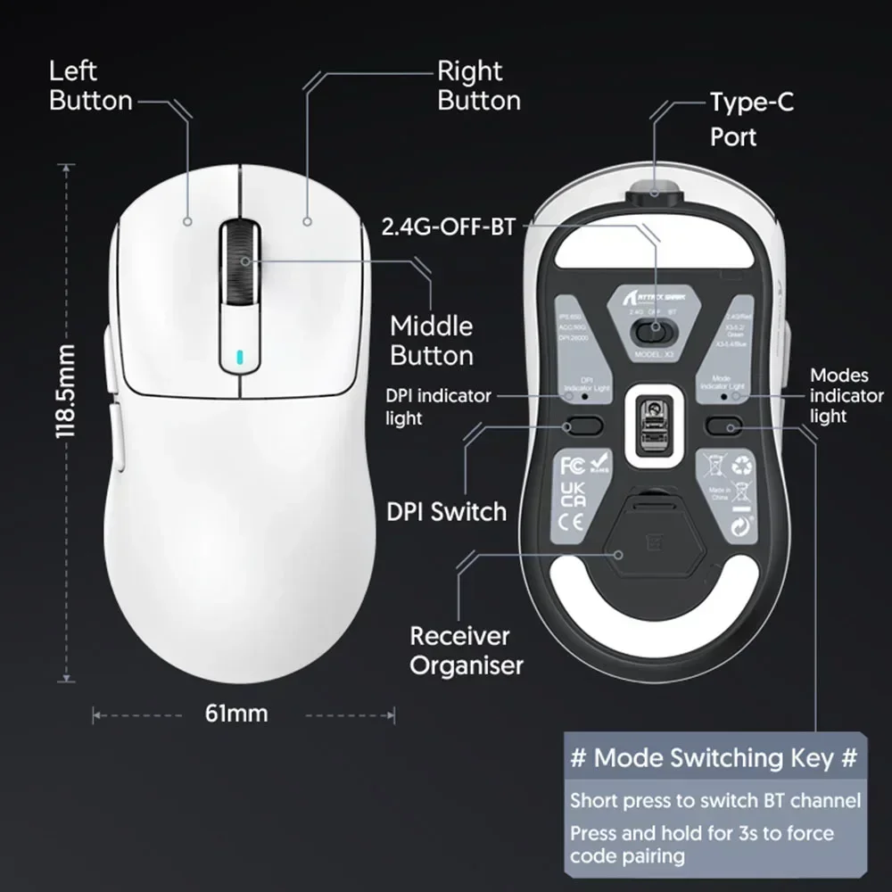 Attack Shark X3 PixArt PAW3395 Bluetooth Mouse 2.4G Tri-Mode Connection, 26000dpi, 650IPS, 49g Lightweight Macro Gaming Mouse