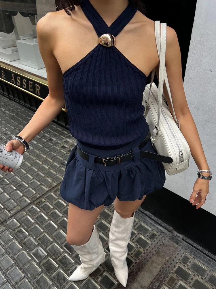 

Tossy Women Halter Neck Ribbed Knit Sleeveless Top and Bubble Mini Skirt Two Piece Set with Belt Casual Summer Streetwear Top