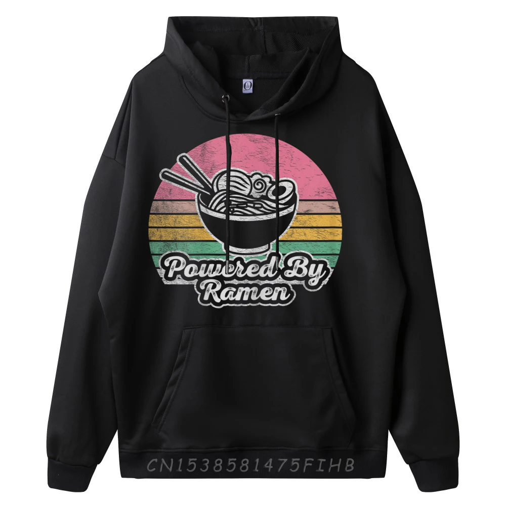 Retro Vintage Powered By Ramen Ramen Lover Blue And White Graphic Pullover Hoodies Comfortable Man Clothes