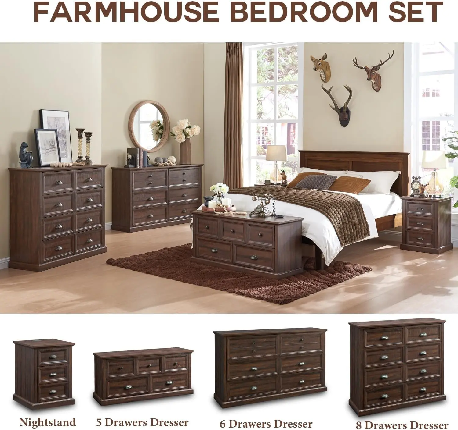 21"" Tall Nightstand With 3 Drawers, Farmhouse 18"" Wide End Table With Charging Station, Wood Rustic Side Table, Small Dresser