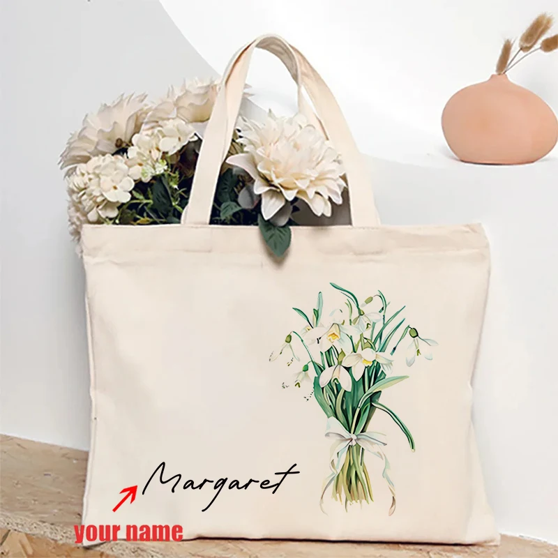 Birth Month Flower Bouquet Personalized Name Canvas Tote Bag Teacher Birthday Gift Shopping Bag Bachelorette Bridesmaid Gift