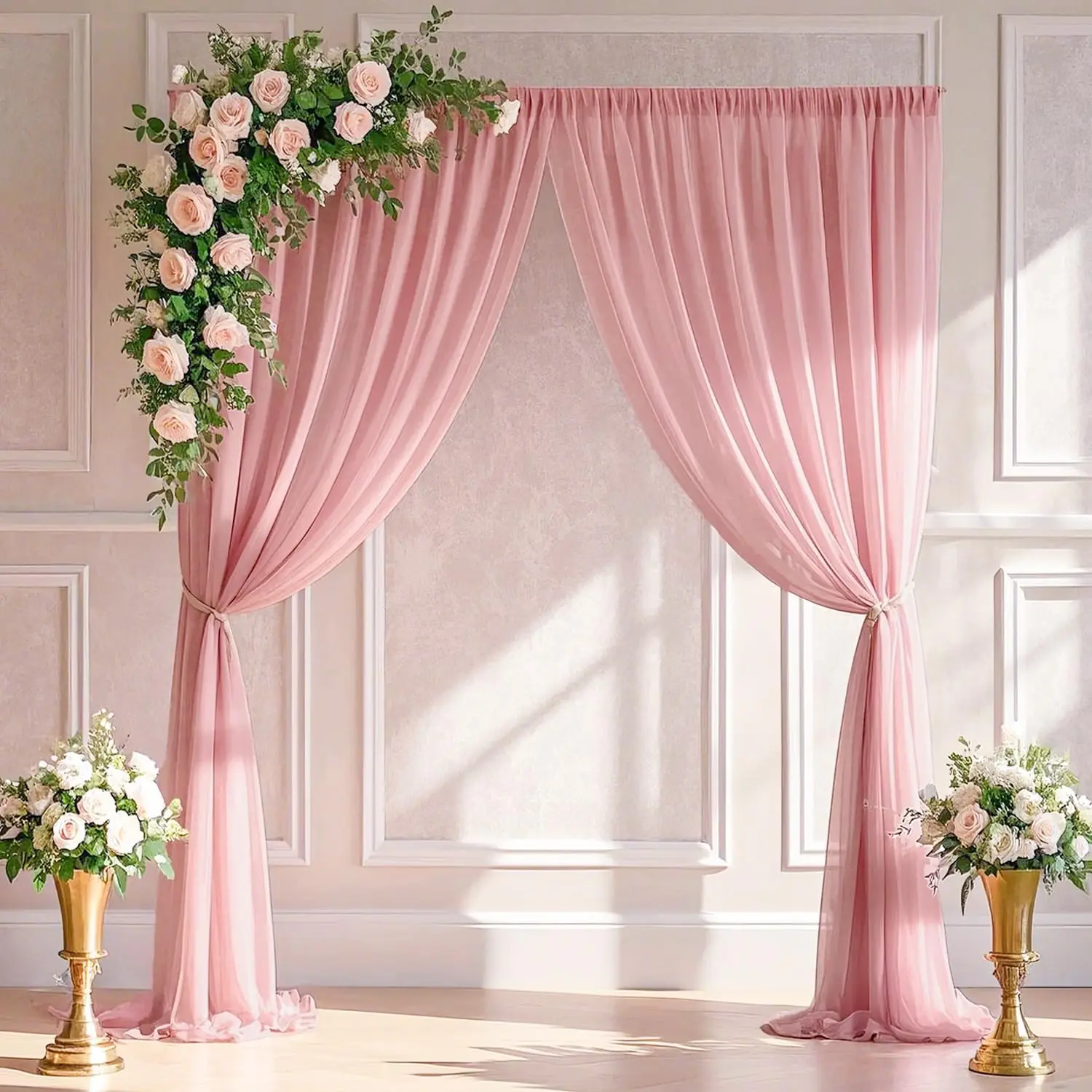 2 Panels Sheer Curtains Chiffon Backdrop Curtain Wedding Arch Drapes Outdoor Tulle Fabric Curtains for Living Room Luxury Decor