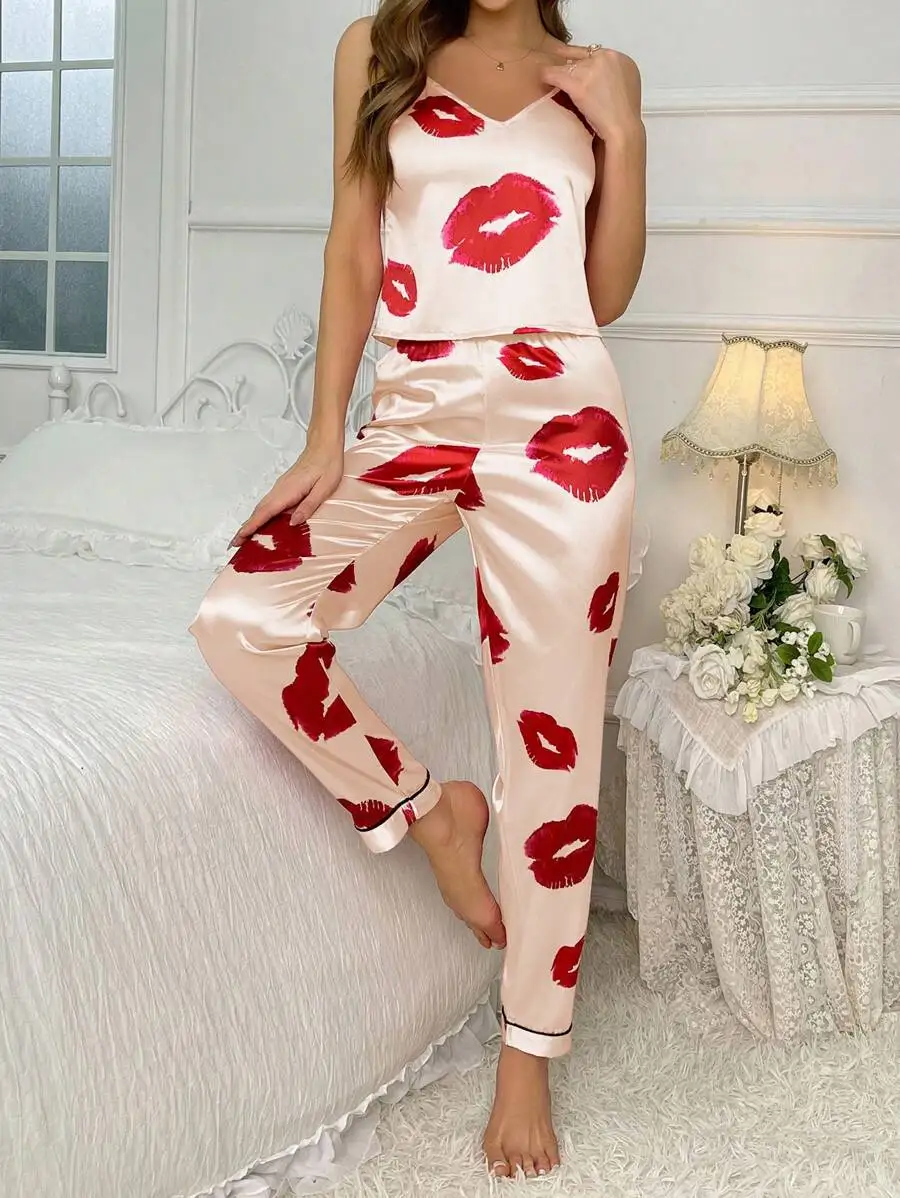

Silk-Like Lip Print Cami And Long Pants Pajama Set For Women