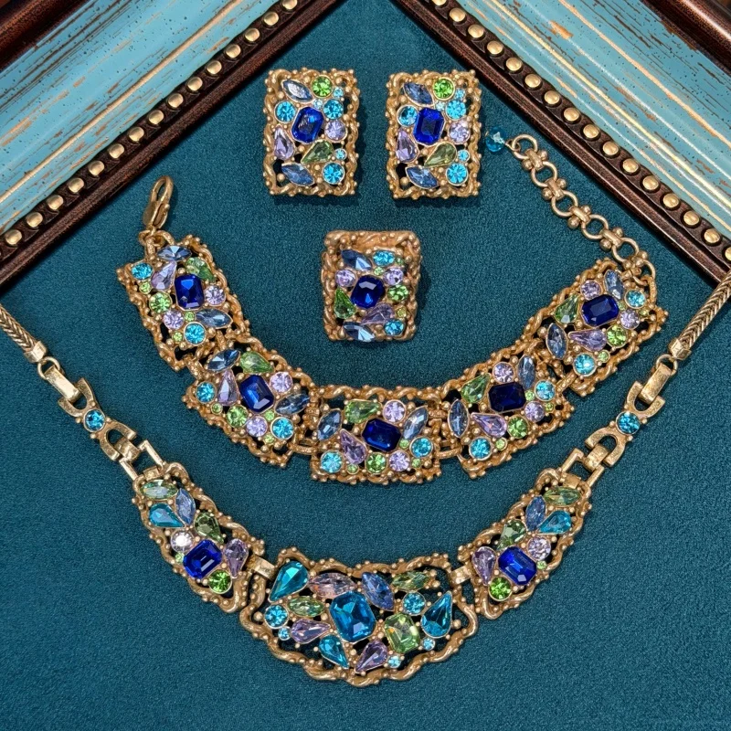 Vintage Alien Colorful Crystal Rectangle Jewelry Sets Luxury Natural Stone For Woman Necklace Earrings Bracelet Ring Gift New