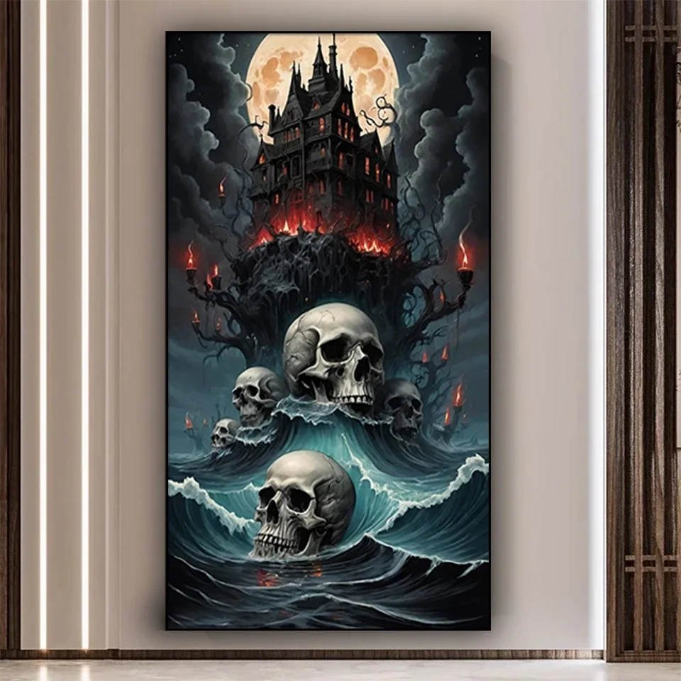 Gothic Darkness Sea Castle Skull Diamond Mosaic, Full Square, Round Diamond Painting, New Landscape Art, Home Decor Craft Kits,