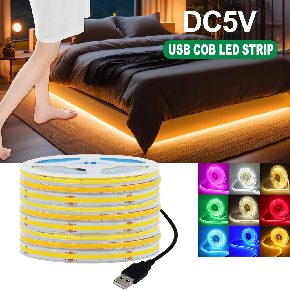 5V USB COB LED Strip 8MM 320Leds/M High Density RA90 Flexible Ribbon Rope Night Lamp White/Red/Pink/Yellow LED Tape TV Backlight