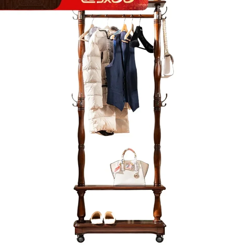 American all-solid wood floor-to-ceiling coat rack, bedroom simple storage multi-functional mobile home drying rack