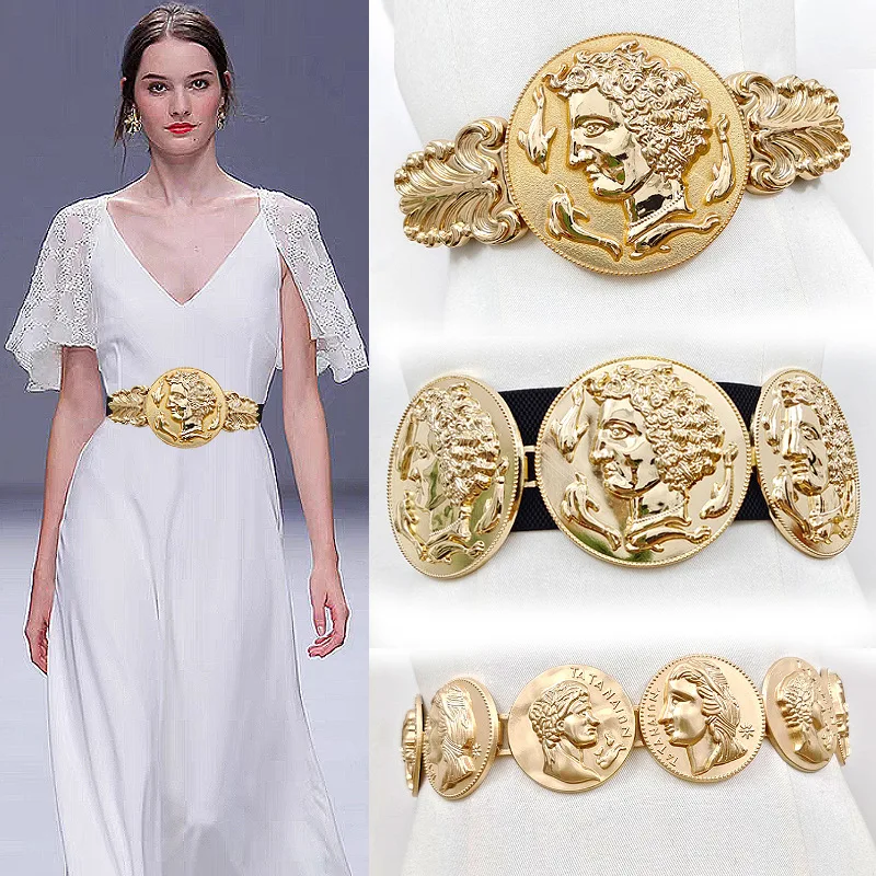 Ladies Shiny Gold Tone Big Round Coin Buckle Metal Belt Queen & Dophin Stretch Dress Belt For Women Fashion Accessory