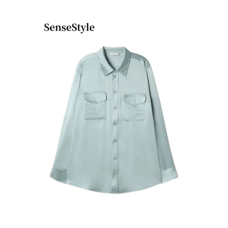 Spring Summer 19mm100% Real Silk Casual Shirts Women Double Pocket Long Sleeve Satin Shirt