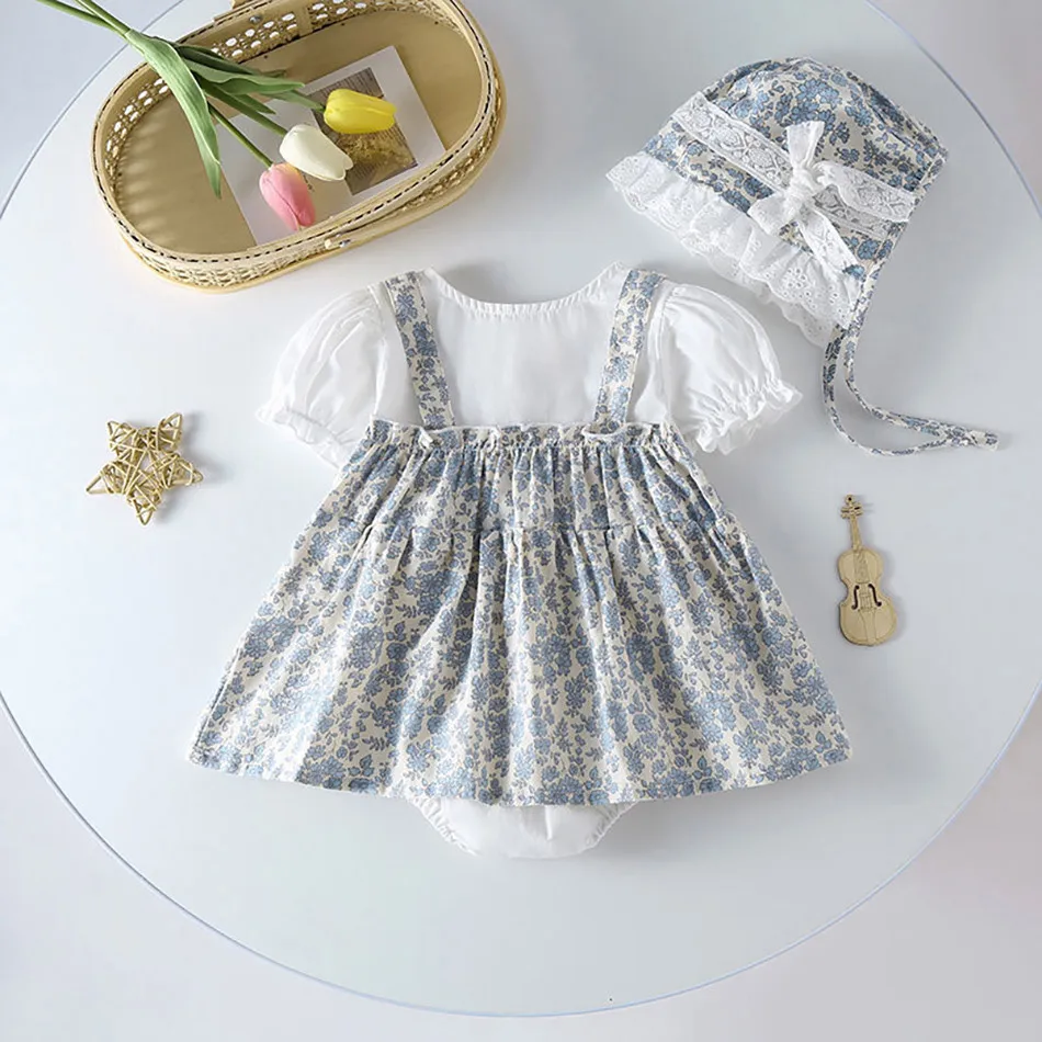 Autumn Spring Newborn Baby Girls Bodysuits Short Sleeved Cotton Small Fragmented Flower Infant Baby Girls Jumpsuit Baby Clothing