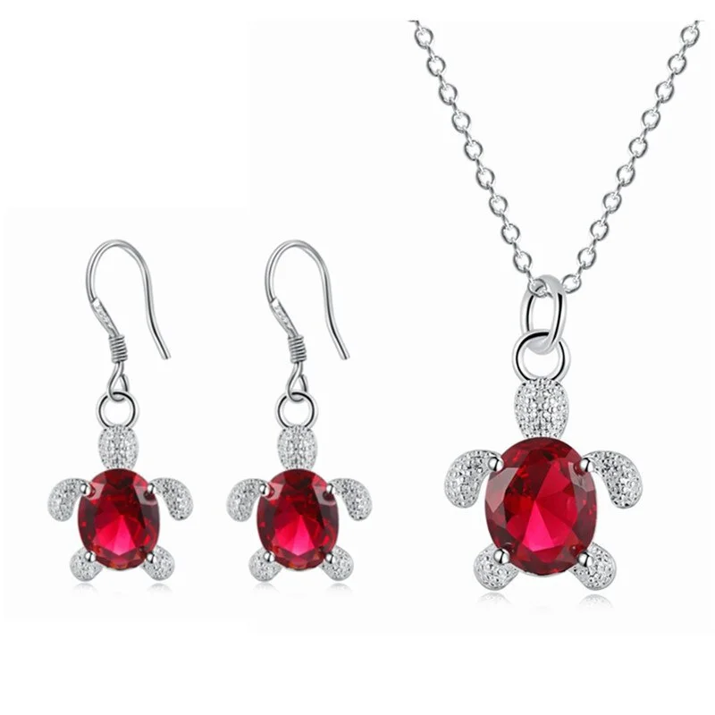 Fashion Blue Green Red Zircon Oval Stone Necklace Earrings Cute Small Sea Turtle Silver Jewelry Sets Bridal Wedding For Women