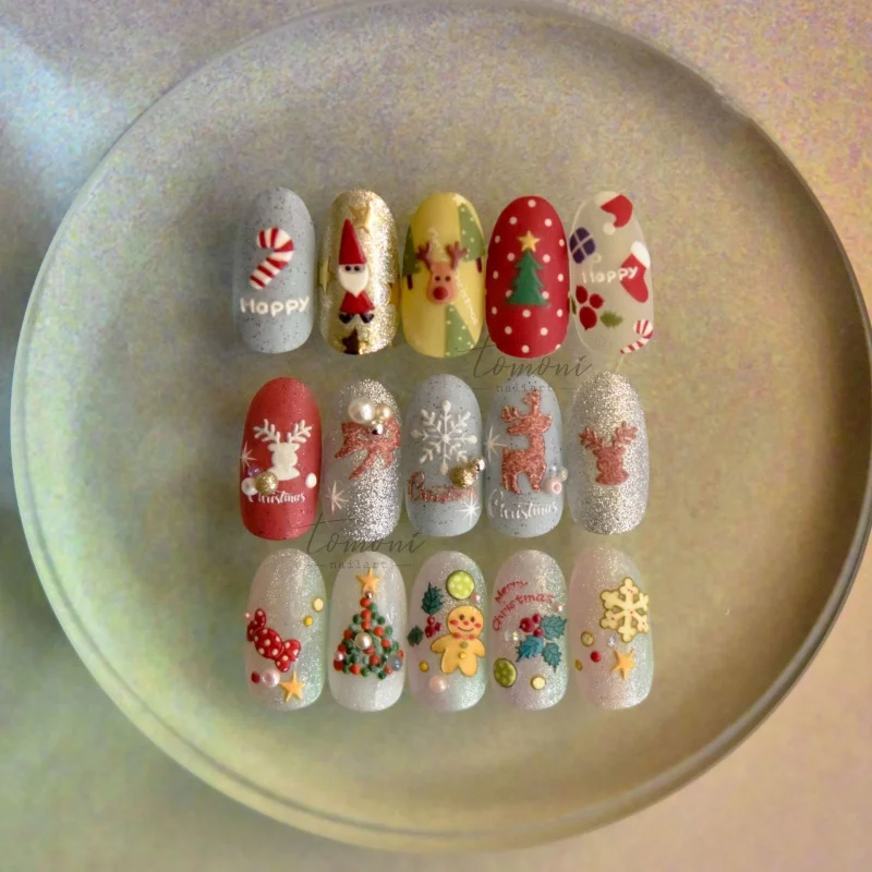 Pegatinas de uñas en relieve, pegatinas de uñas lindas japonesas calientes, adorno de uñas de dibujos animados de Navidad