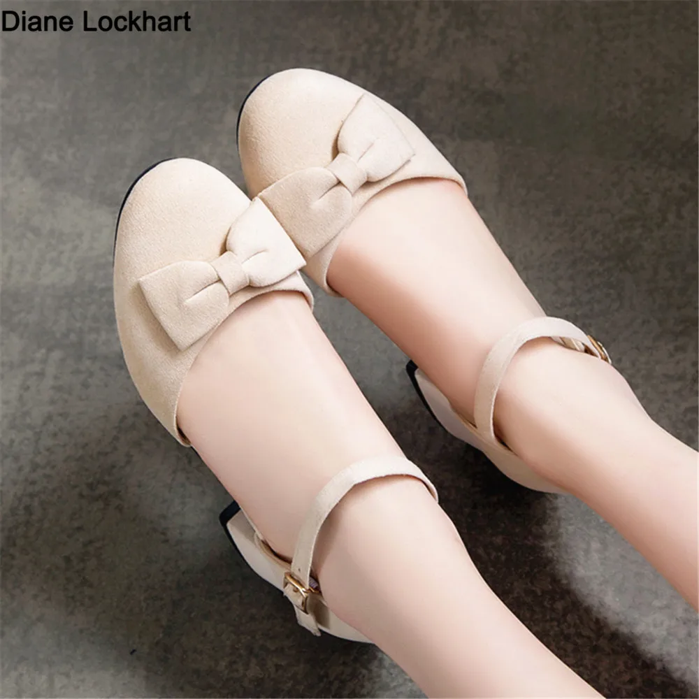 

2024 Spring Women High Heels Mary Jane Pumps Party Wedding White Pink Beige Ankle Strap Buckle Flock Bow Princess Lolita Shoes