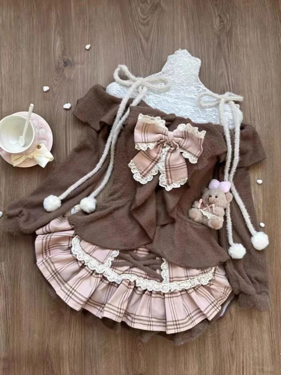 Japanese Sweet Fashion 2 Piece Sets Women Retro Brown Off Shoulder Tops + Fluffy Mini Cake Skirt Autumn Winter Vintage Outfits