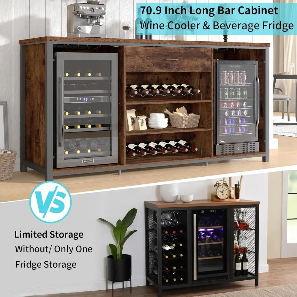 70 Rustic Farmhouse Wine Cabinet with Drawers and Fridge Space for Kitchen Dining