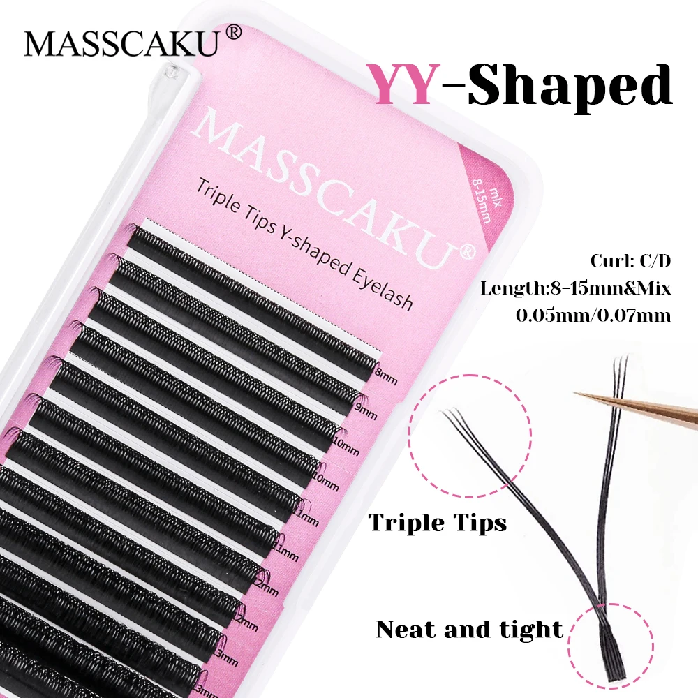 

Hot Sale MASSCAKU C D Curl Premium Faux Mink Material Y Style Lashes C D Curl Hand-woven Triple Tips YY Design Eyelash Supplies