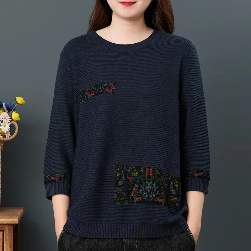 Thin Ethnic Style Cotton Knitted Shirt T-shirt Female 2023 Spring Summer New Literary Retro Loose Show Thin Leggings Solid Color