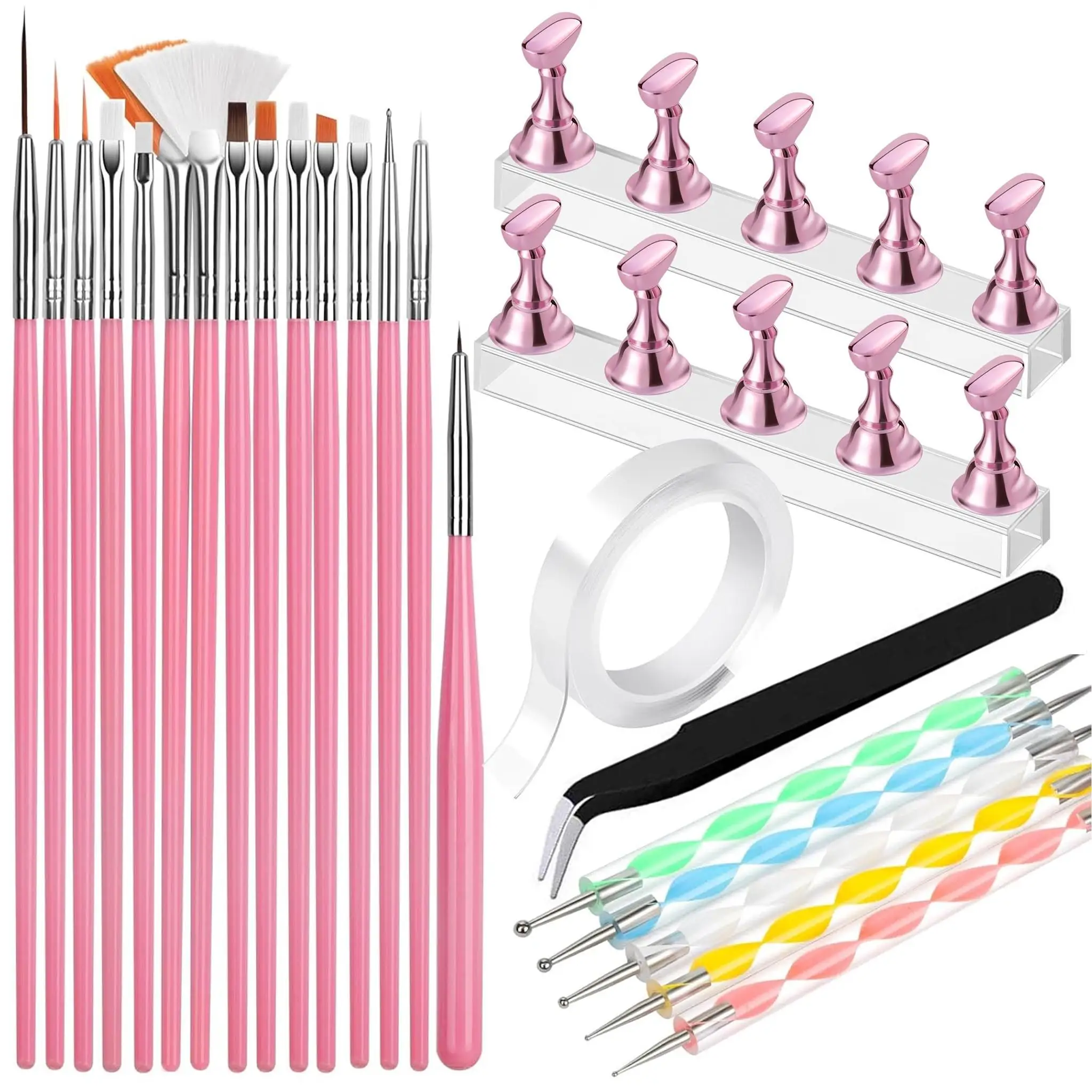 Nail Art Tools, 15 PCS Nail Art Brushes, 5 PCS Nail Dotting Tool Set, Nail Stand for Painting Press-On Nails, Manicure Double-Si