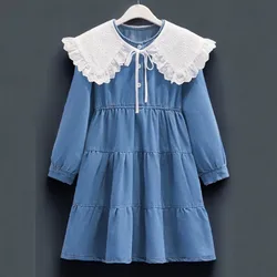 Kids Lace Denim Dresses for Girls Clothes Teenagers School Long Sleeve Spring Autumn Children Baby Costumes 6 8 9 10 12 13 Years