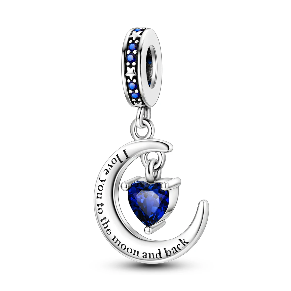 

925 Sterling Silver Moon Wrapped Dangling Blue CZ Heart Charm Celestial Engraved Fits Bracelets Necklace Women DIY Jewelry Gift