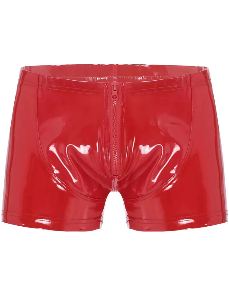 S-5XL Wet Look PVC Mens Boxer Briefs Shiny PU Leather Shorts Zipper Trunks Tight Hot Sexy Boxershorts Calzoncillos Mini Bermudas