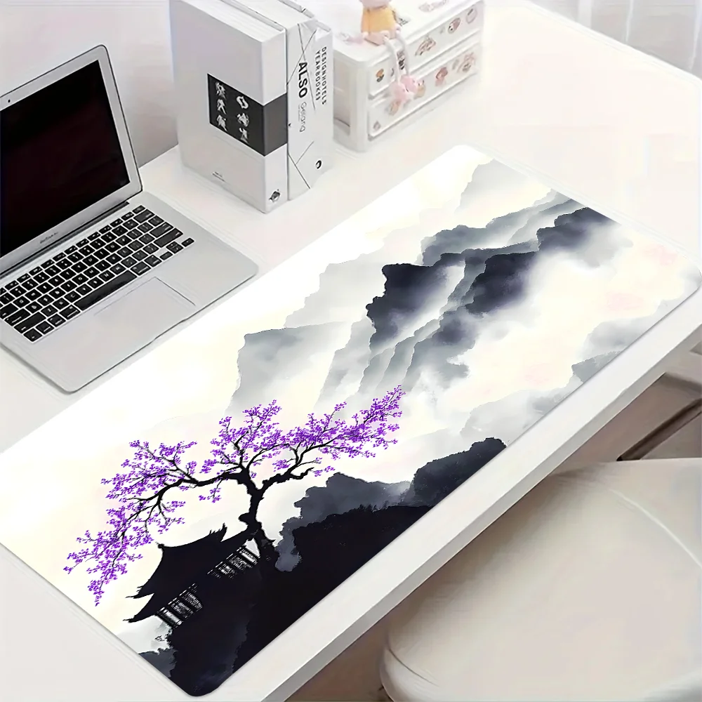 대형 미끄럼 방지 마우스 패드 동아시아 풍경 벚꽃 산 & 탑 디자인 게임용 내구성 있는 2D 평면 표면