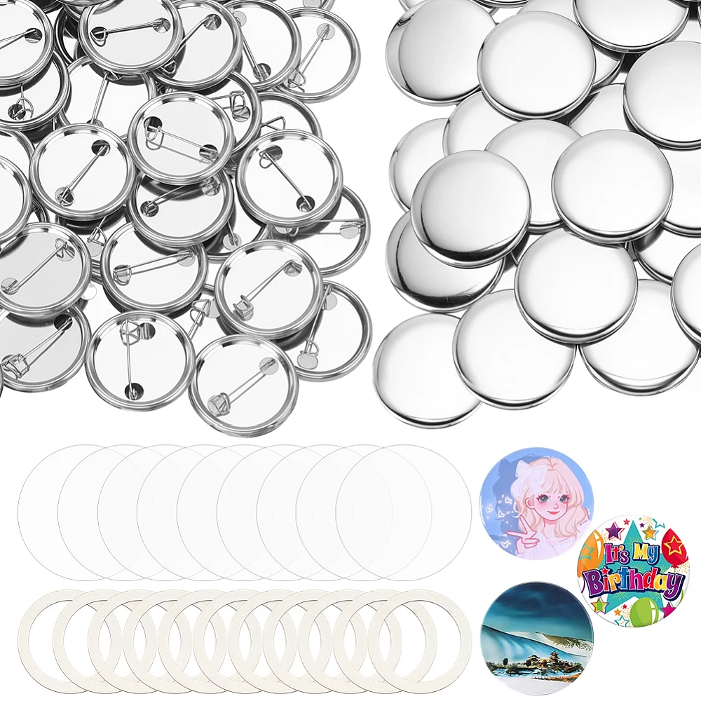 200 Sets Button Maker Supplies 32mm/1.26inch Platinum Metal Round Badges Parts with Metal Covers and PET Gasket Blank Button