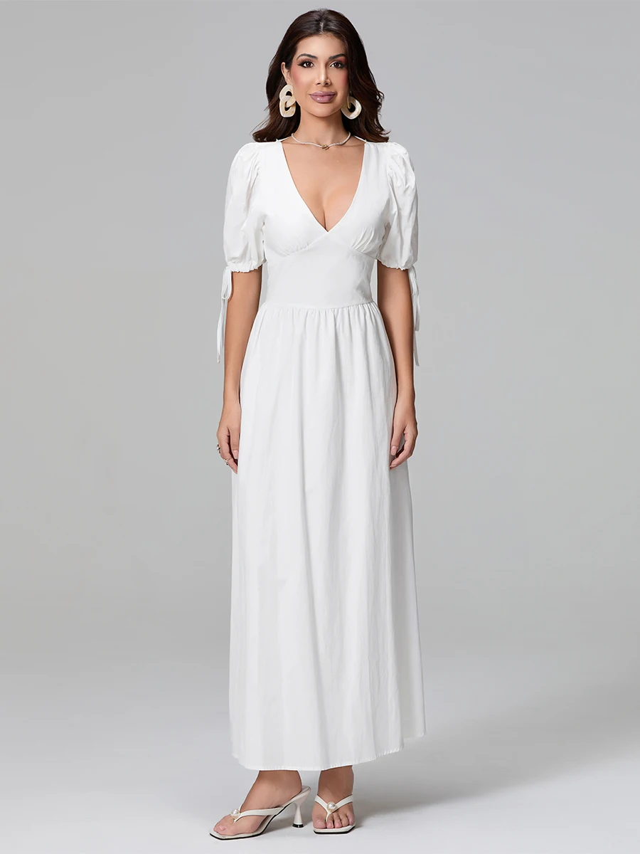 

Women's Flowy Long Dress Solid Color V-Neck Short Puff Sleeve Backless Dress for Summer