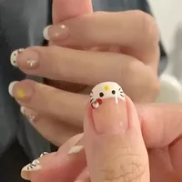 24Pcs Sanrios Nails Fresh Cute Korean Fake Nail Tips with 3DhelloKitty Girl Wearing Kawaii Short Cartoon Acrylic Press on Nails