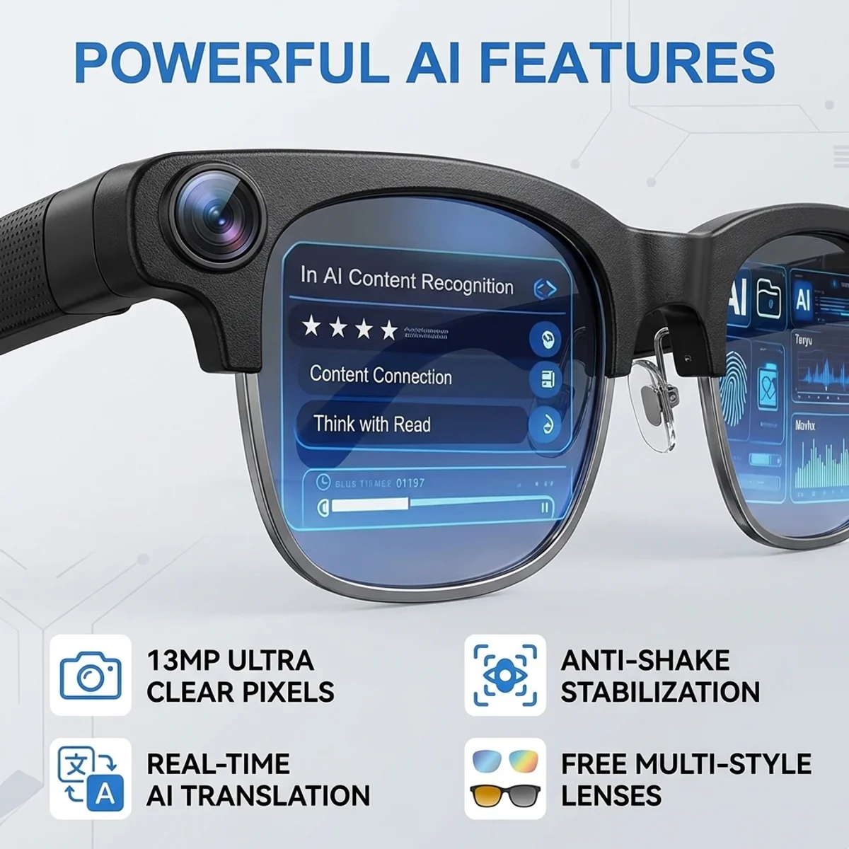 AI 스마트 안경 1300만 화소 4K HD 카메라 사진 비디오 녹화 선글라스 블루투스 통화 음성 비서 AI 번역 안경