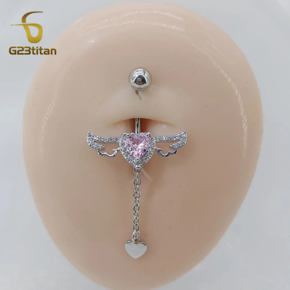 G23titan 6-16mm Titanium Barbell Heart Pendant Wings Belly Button Ring Surgical Body Piercing Anti Allergic Women Navel Jewelry