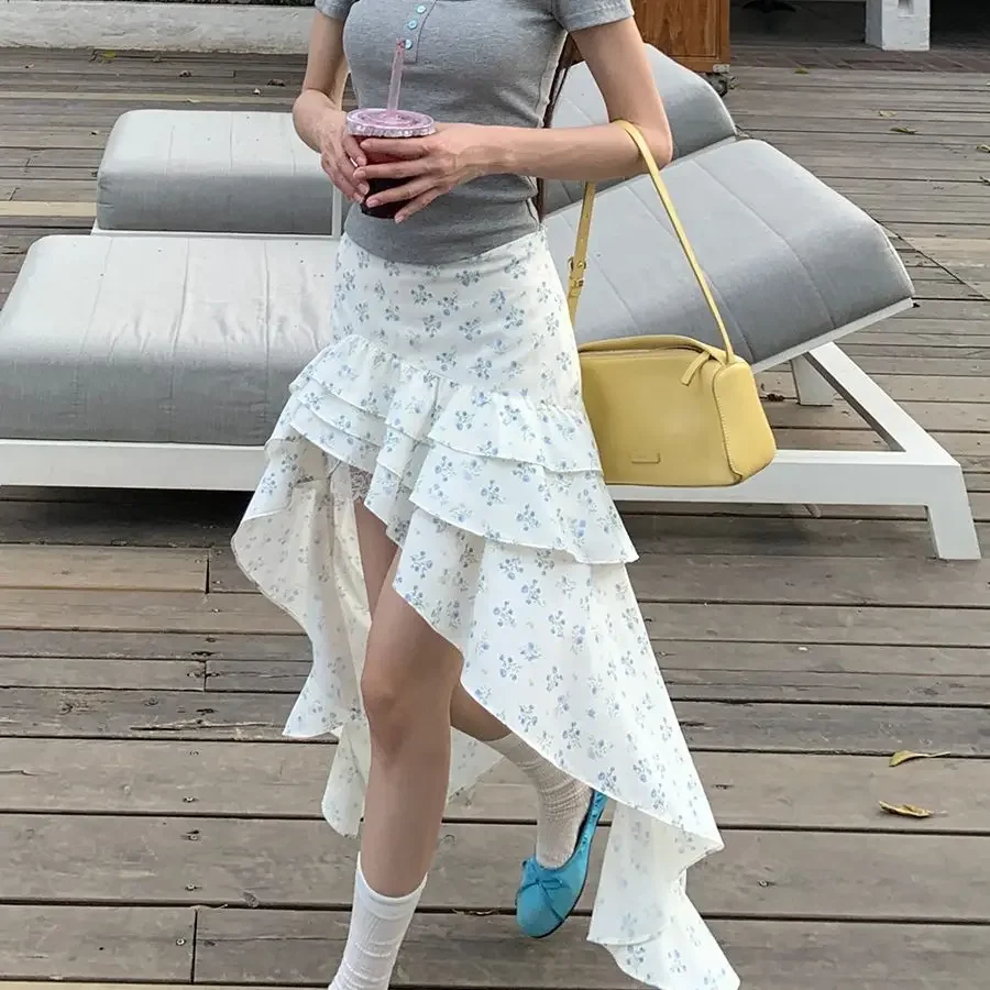 

French Half-skirt for Women, New Summer Floral Long Skirt, Irregular Cake High Waist with Ruffles