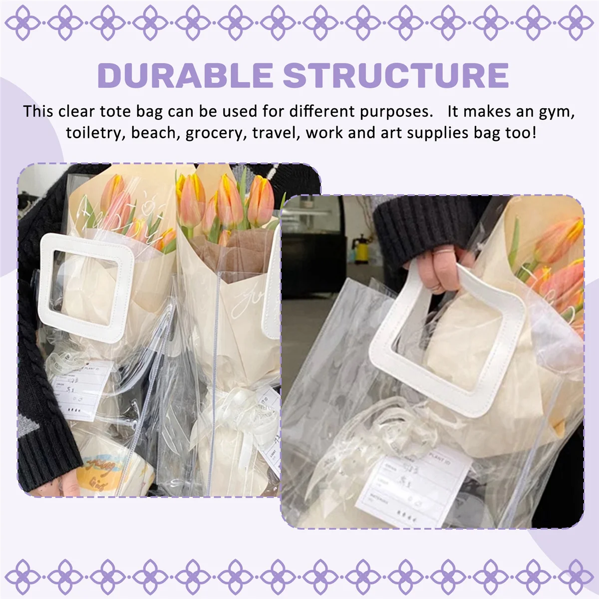 FZFZ 透明トートバッグ PVC プラスチックハンドキャリーゼリーバッグ ハンドギフトバッグ付き 花束包装トートバッグ (S)