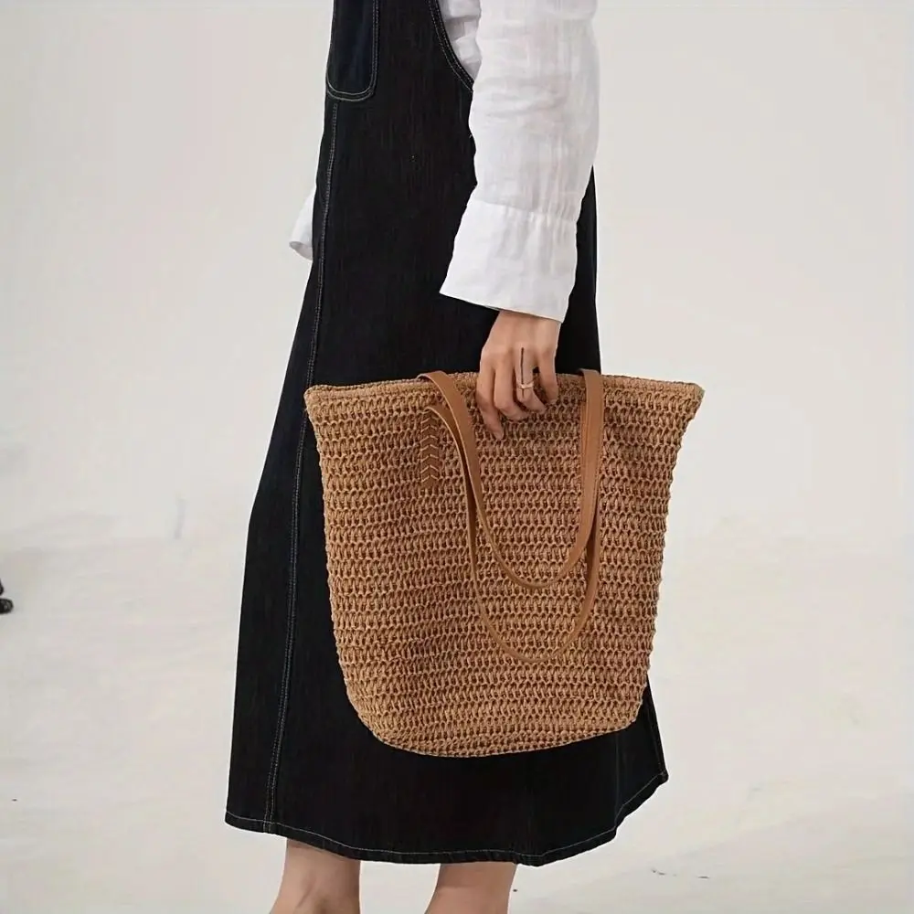 Bolso Tote de Paja Tejida de Color Sólido, Bolso de Playa Cuadrado con Cierre, Bolso de Hombro de Rafia Estilo Bohemio de Gran Capacidad para Verano