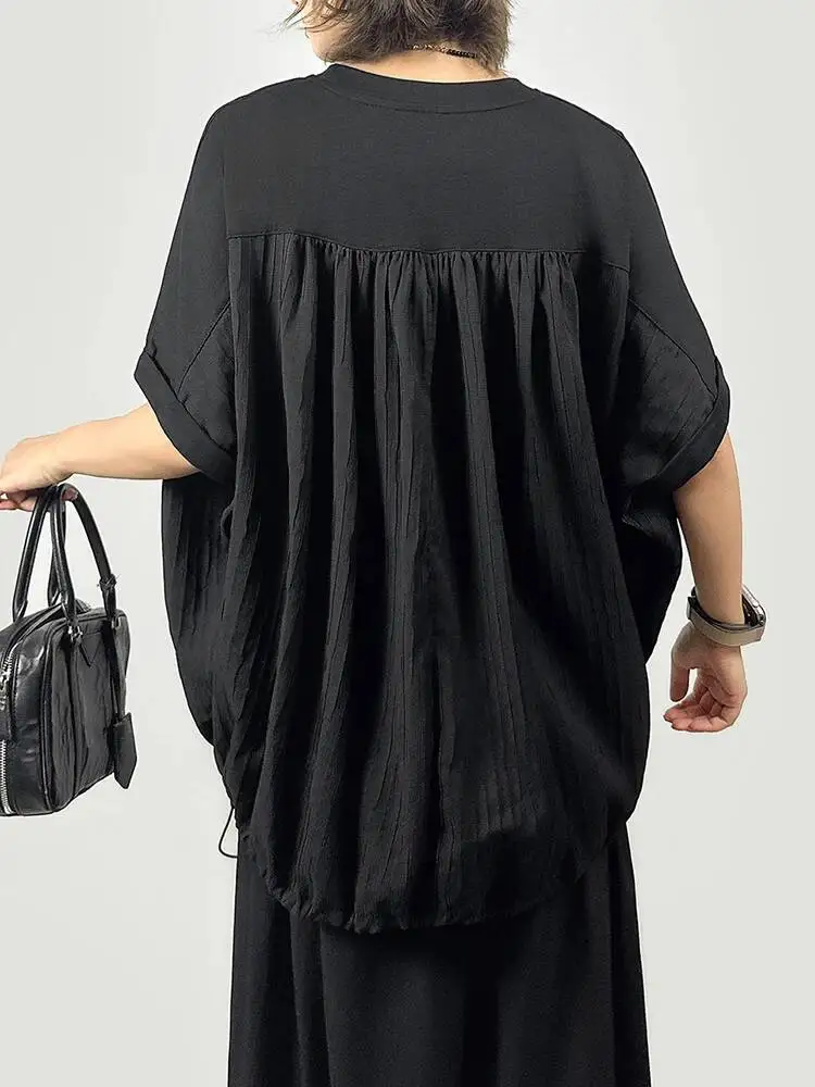 Black Drawstring Women Big Size T-shirt New Round Neck Short Batwing Sleeve Fashion  Spring Summer 2026 8707 view 3