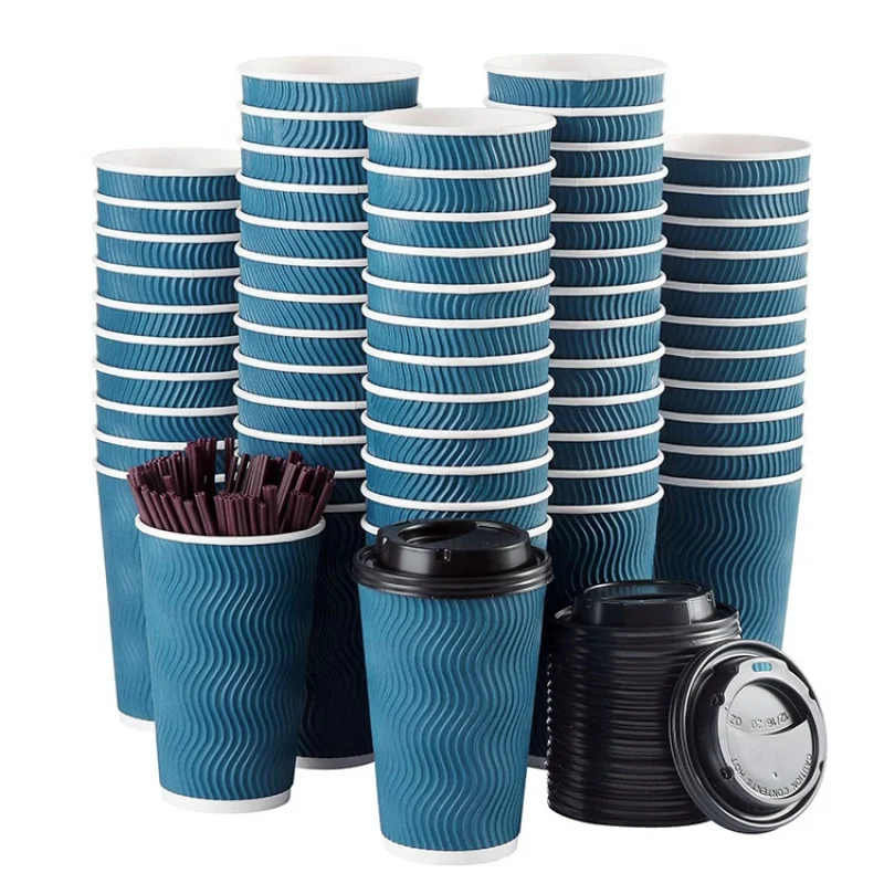 custom.LOKYO Takeaway Coffee Tea Cups Degradable Biodegradable Ripple Paper Cup Hot Drinks