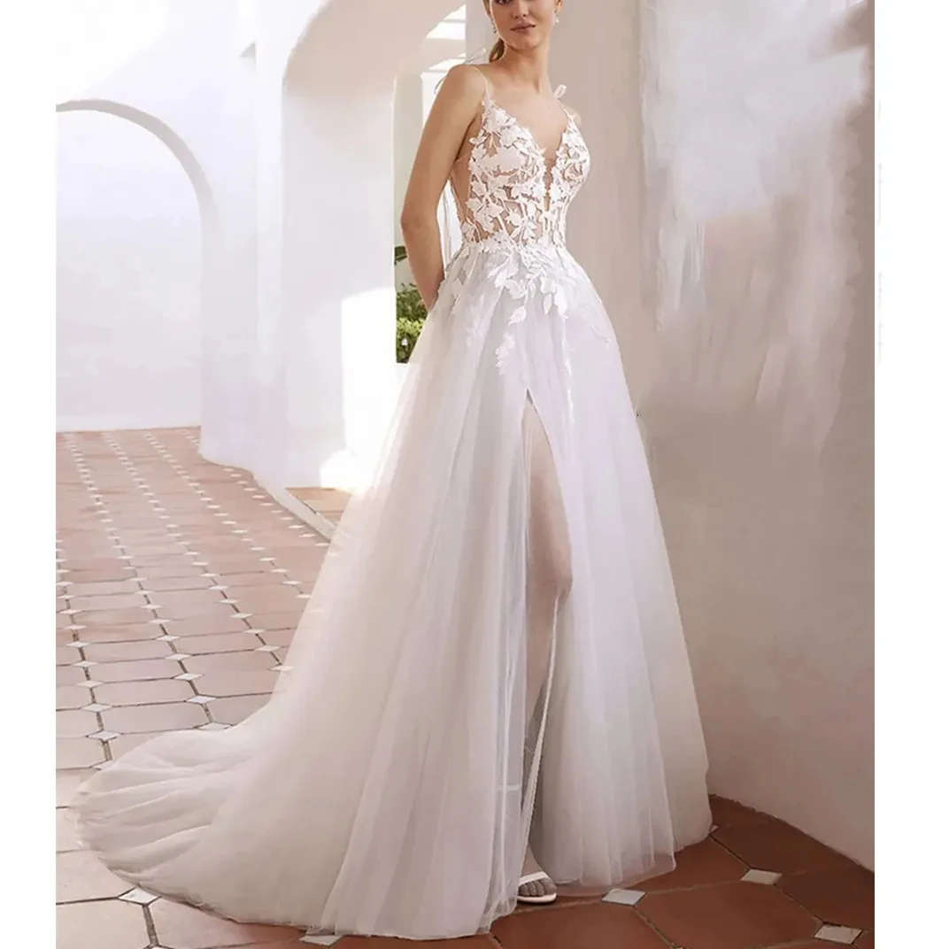 Fashion luxury sexy V-neck backless wedding dress Bohemian side split Italian shoulder lace backless bridal dress custom new