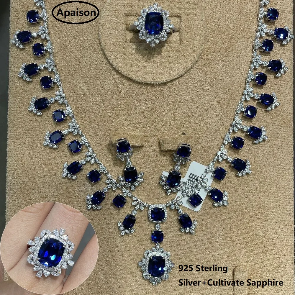 

Apaison Bridal Cultivate Sapphire Necklace Pendant Wedding Engagement Rings For Women Jewelry Set Drop Earrings Gift
