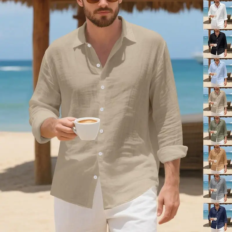 Mufan Men's Long Sleeve Linen Shirt Casual Style Lapel Beachwear Thin Material Daily Scene Pure Color Not Easy to Deform