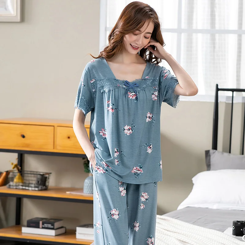 Modal Katoen Vrouwen Pyjama Set Zomer Bloemen Kant Pyjama Korte Mouwen Nachtkleding Vrouwen Night Pak Trainingspak Thuis Kleding Vrouwelijke