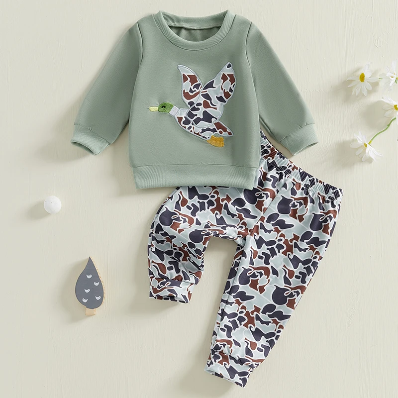 Boy Autumn 2PCS Outfit Sets Long Sleeve Duck Embroidery Pullover Camouflage Pants Sets