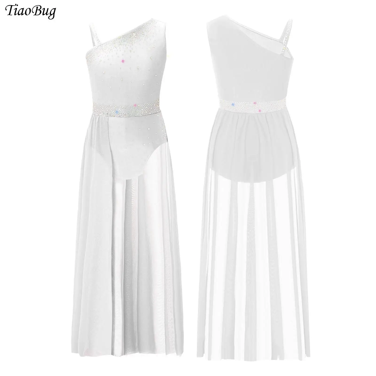 Vestito da ballo lirico moderno per ragazze, monospalla, con strass, diviso, in rete trasparente, per balletto, ginnastica, pattinaggio, body, costume contemporaneo