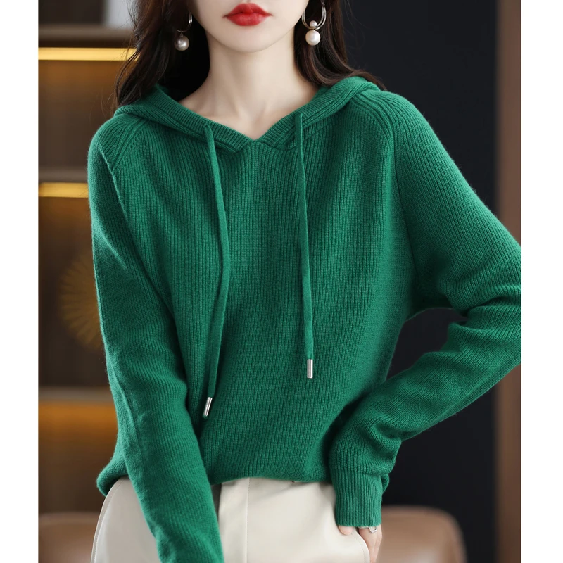 High Quality Cashmere Hoodie Women Loose Hooded Knitted Thick Cashmere Sweater Women