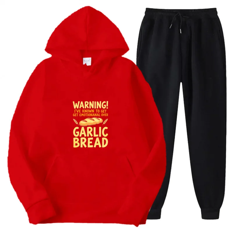 طقم هوديي رمادي بنمط ونص مطبوع عليه خبز الثوم