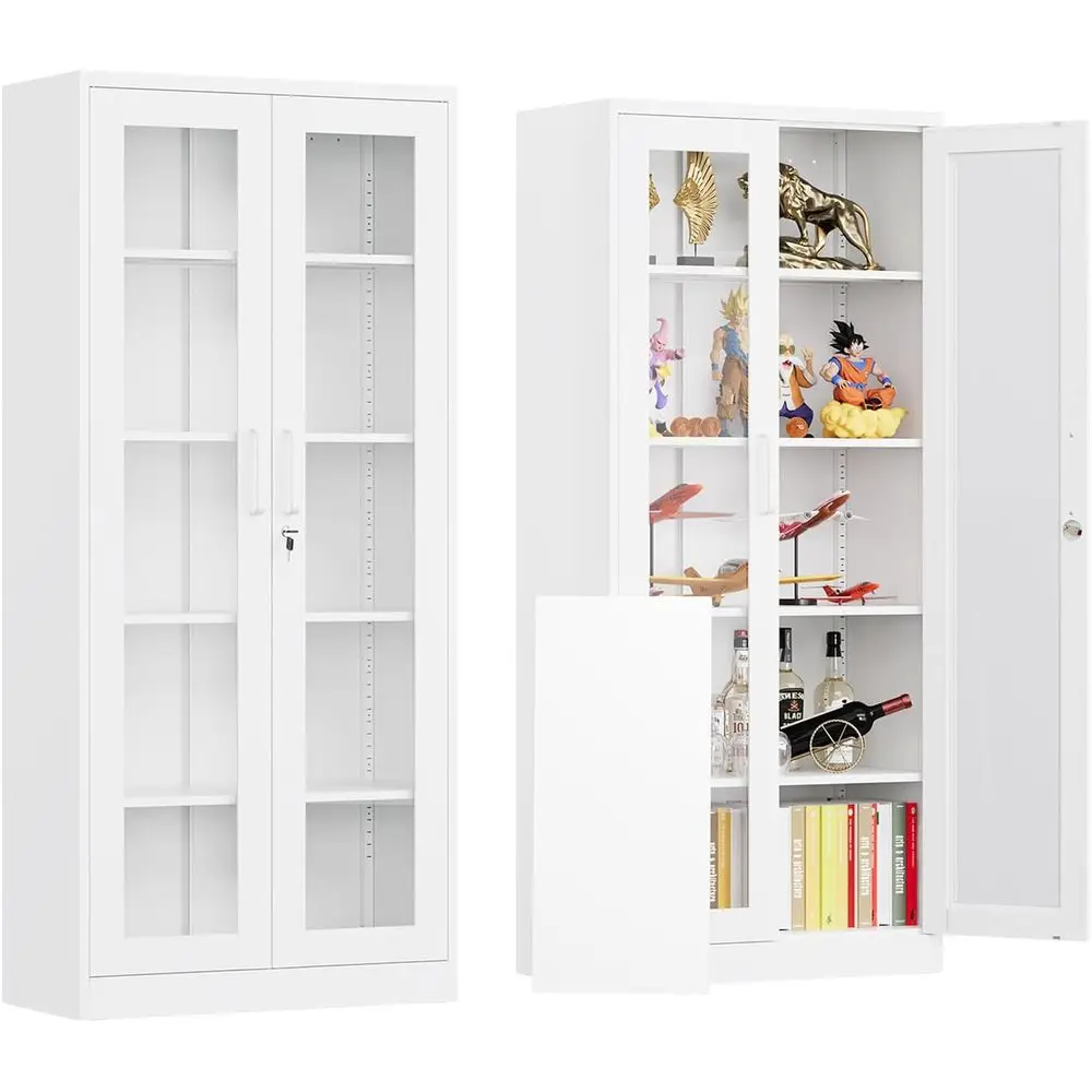 Locking Display Cabinet with Glass Door, 71”H Metal Curio Cabiwith Adjustable Shelves, White Liquor Caninet Display Case or Livi